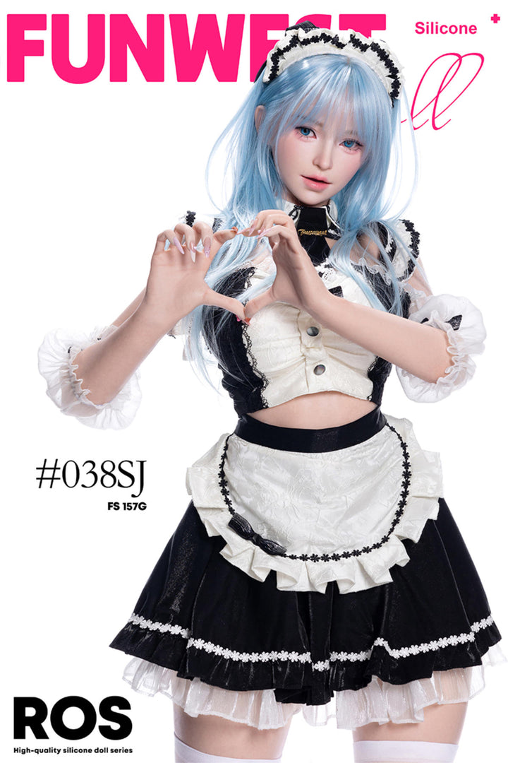 FunWest Doll 157 cm G Silicone - White Alice (Real Skin Texture) wearing a black and white maid outfit with blue hair, posing.