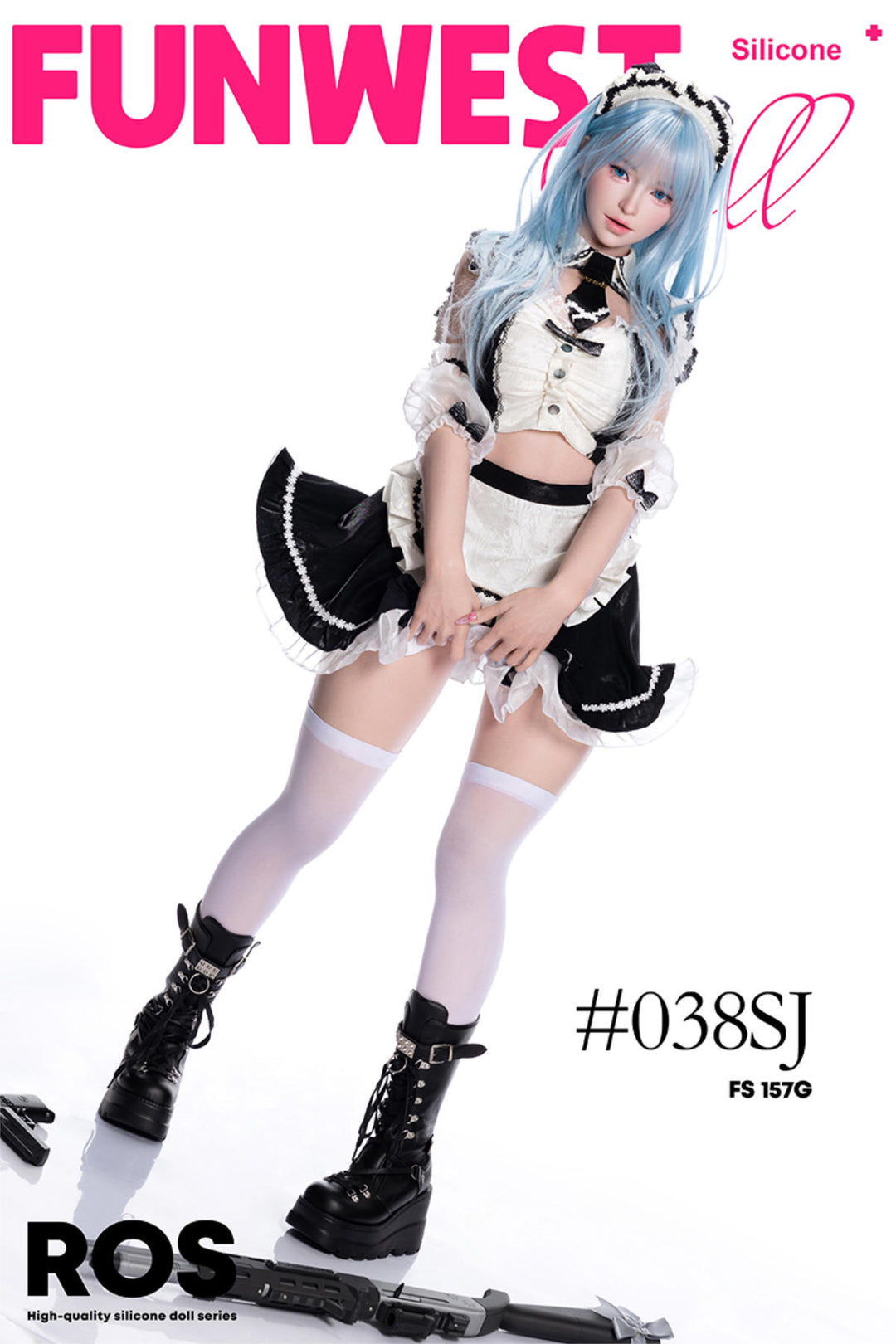 FunWest Doll 157 cm G Silicone - White Alice (Real Skin Texture) standing in a maid outfit with weapons on the floor.