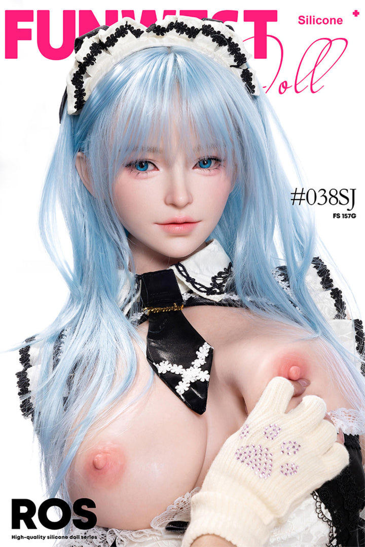 FunWest Doll 157 cm G Silicone - White Alice (Real Skin Texture)  with blue hair and white maid outfit.