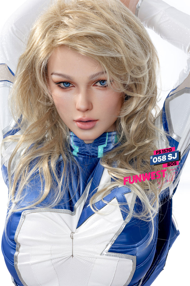 FunWest Doll 157 cm G Silicone - White Eloise (Real Skin Texture) close-up upper body shot in blue and white racing suit, long blonde wavy hair, neutral background
