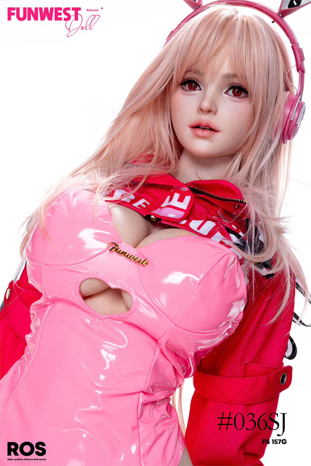 FunWest Doll 157 cm G Silicone - White Lily (Real Skin Texture) wearing a pink outfit with cat ears and a red jacket.