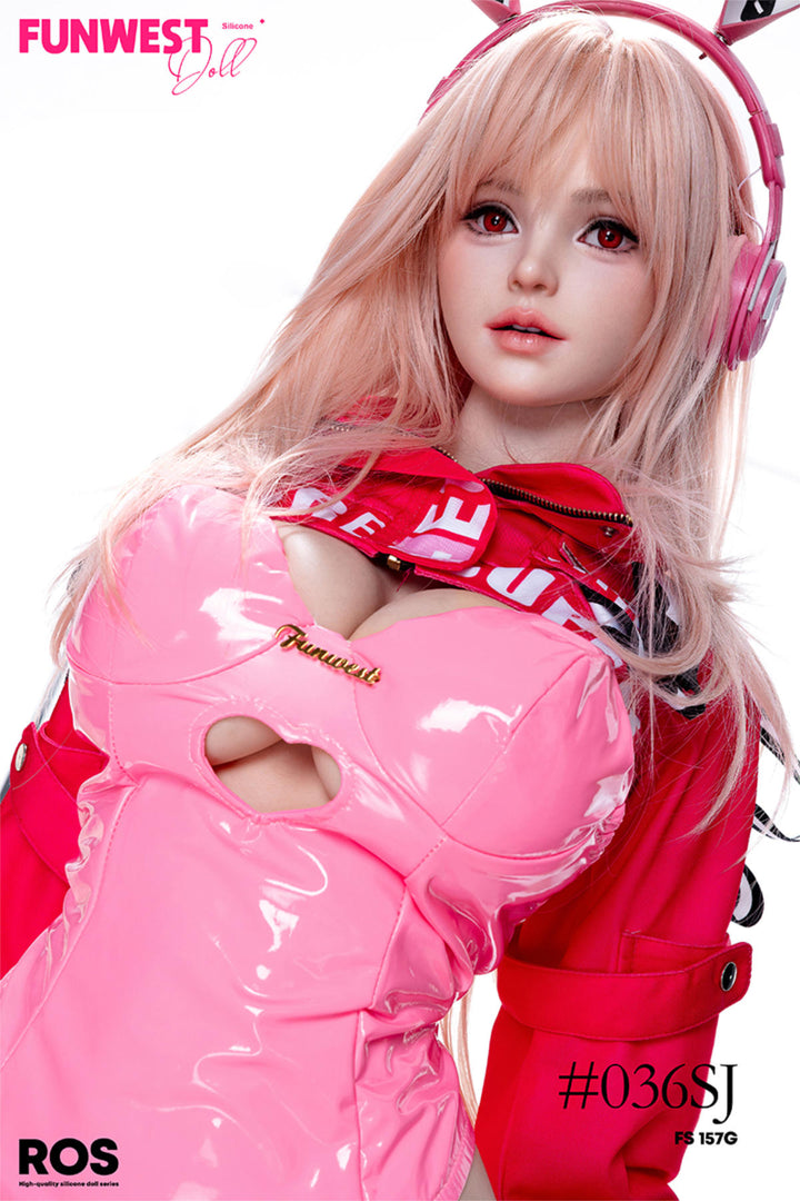 FunWest Doll 157 cm G Silicone - White Lily (Real Skin Texture) wearing a pink outfit with cat ears and a red jacket.