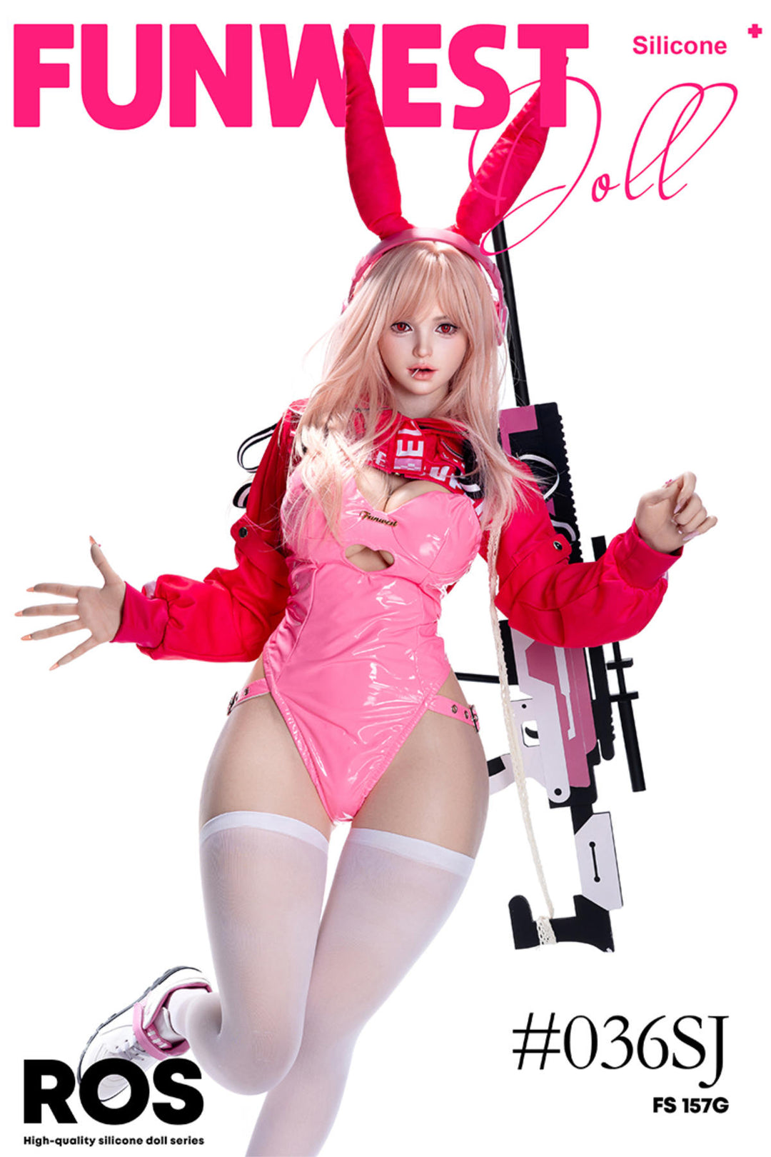 FunWest Doll 157 cm G Silicone - White Lily (Real Skin Texture) in pink outfit with bunny ears and accessories.