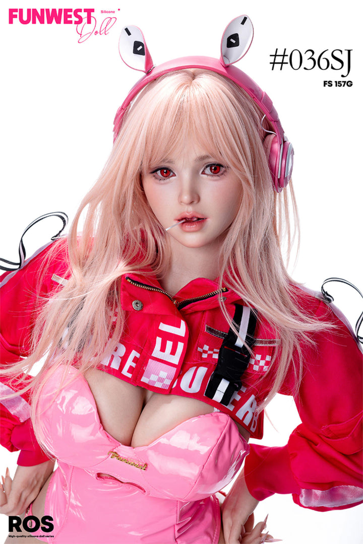 FunWest Doll 157 cm G Silicone - White Lily (Real Skin Texture) wearing a pink outfit with bunny ears and a red jacket.