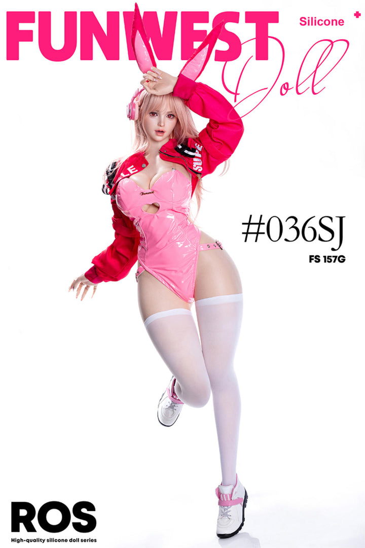 FunWest Doll 157 cm G Silicone - White Lily (Real Skin Texture) doll in pink outfit with cat ears headphone and red jacket.