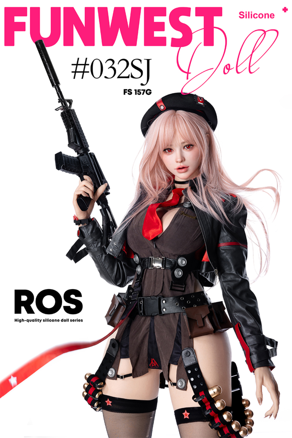 FunWest Doll 157 cm G Silicone - White Lucy (Real Skin Texture) with pink hair and military-style outfit holding a rifle.