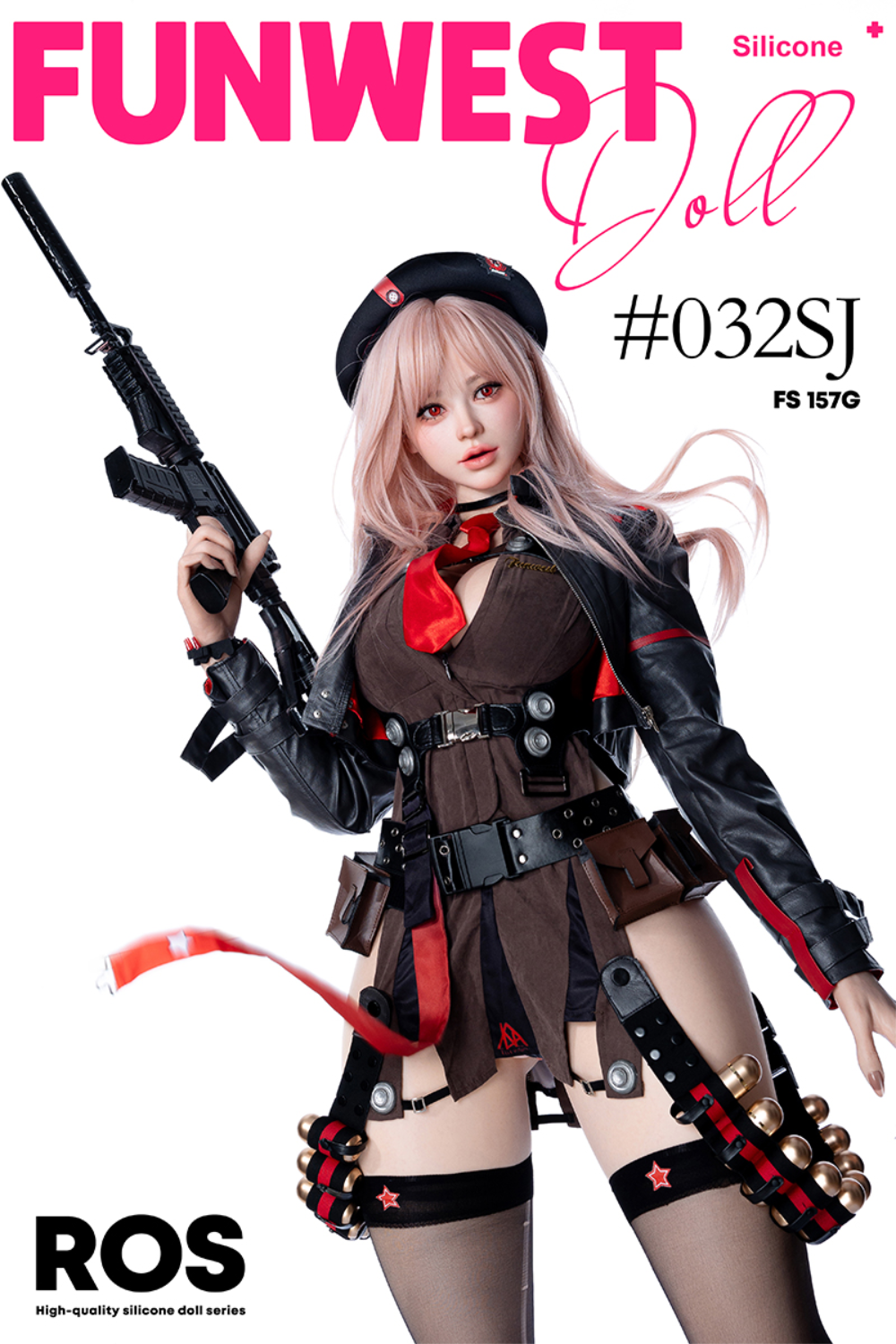 FunWest Doll 157 cm G Silicone - White Lucy (Real Skin Texture) with military outfit and gun.