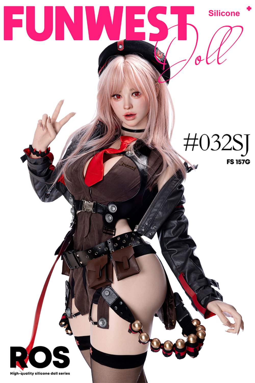 FunWest Doll 157 cm G Silicone - White Lucy (Real Skin Texture) with a detailed outfit on a white background.
