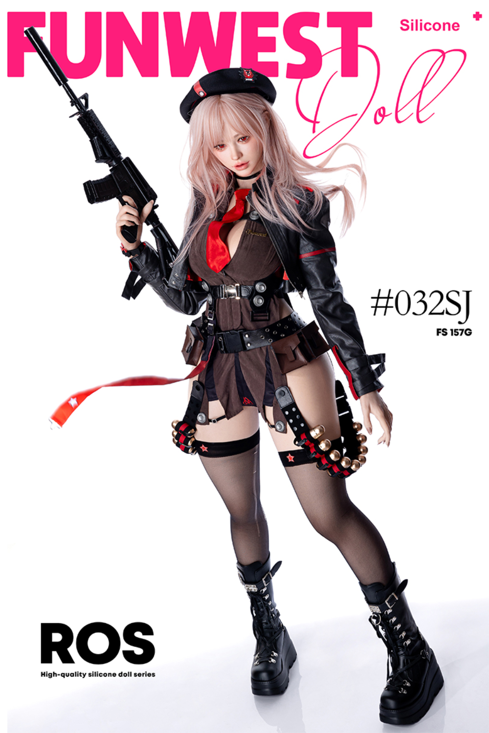 FunWest Doll 157 cm G Silicone - White Lucy (Real Skin Texture)  in military-style outfit with gun.