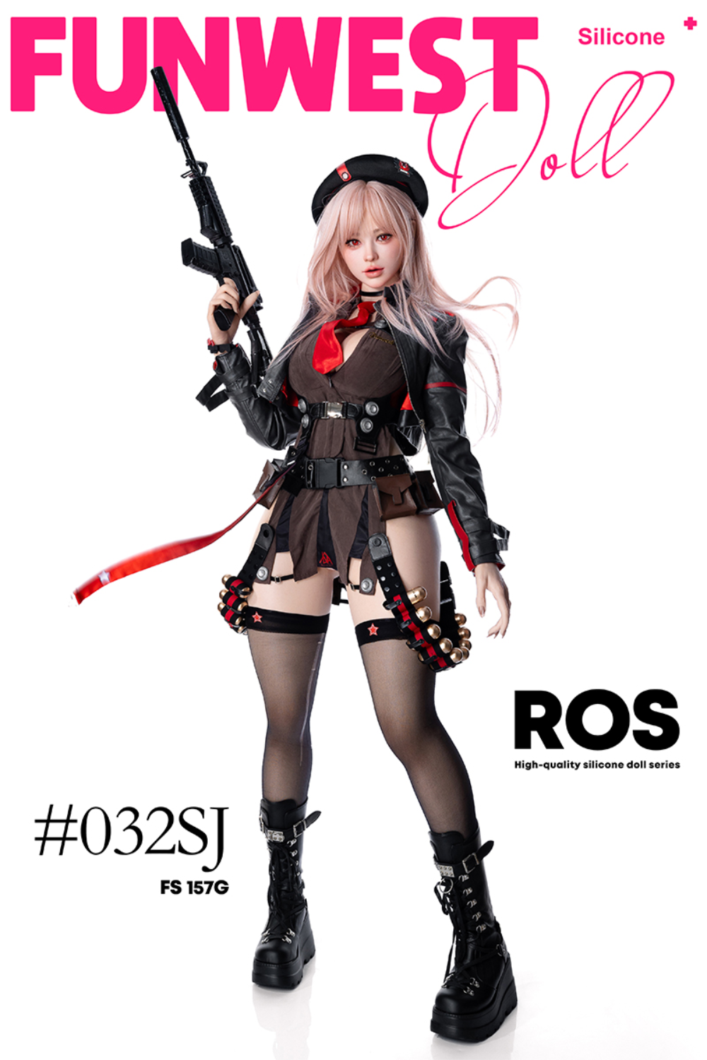 FunWest Doll 157 cm G Silicone - White Lucy (Real Skin Texture) with military-style outfit and accessories.