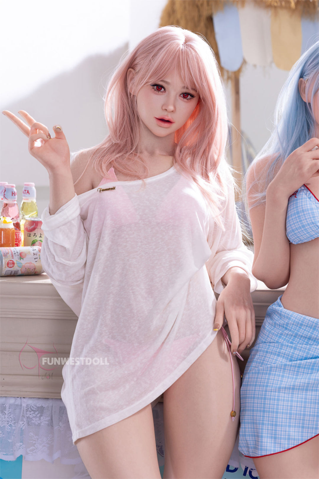 FunWest Doll 159 cm A Silicone - Lucy (Real Skin Texture) standing pose in a sheer white off-shoulder blouse, wavy pink hair, blue water bottle in hand, soft blue-toned backdrop