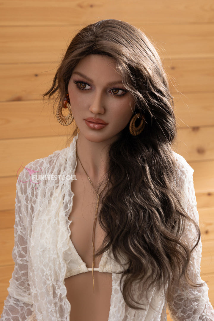 Close-up portrait of the Skylar TPE doll showcasing its realistic facial features and long dark hair draped over its shoulder.