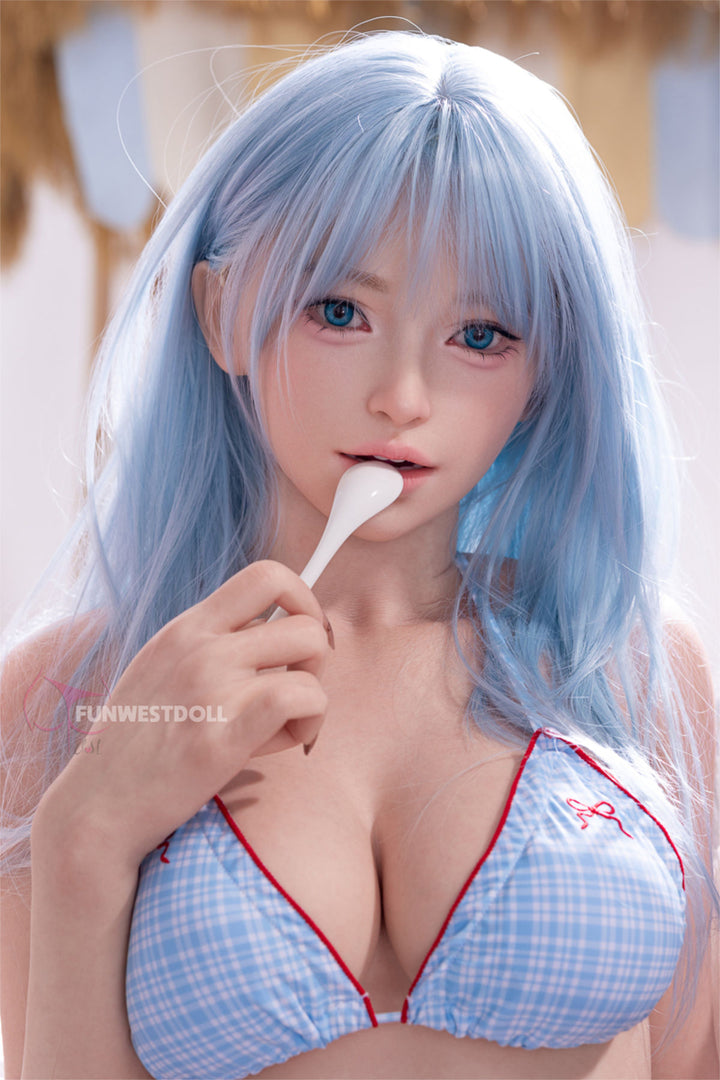 FunWest Doll 159 cm F Silicone - Alice (Real Skin Texture) close-up portrait, wavy light blue hair, holding a white spoon near her lips, light blue checkered bikini top with red trim, tropical archway backdrop