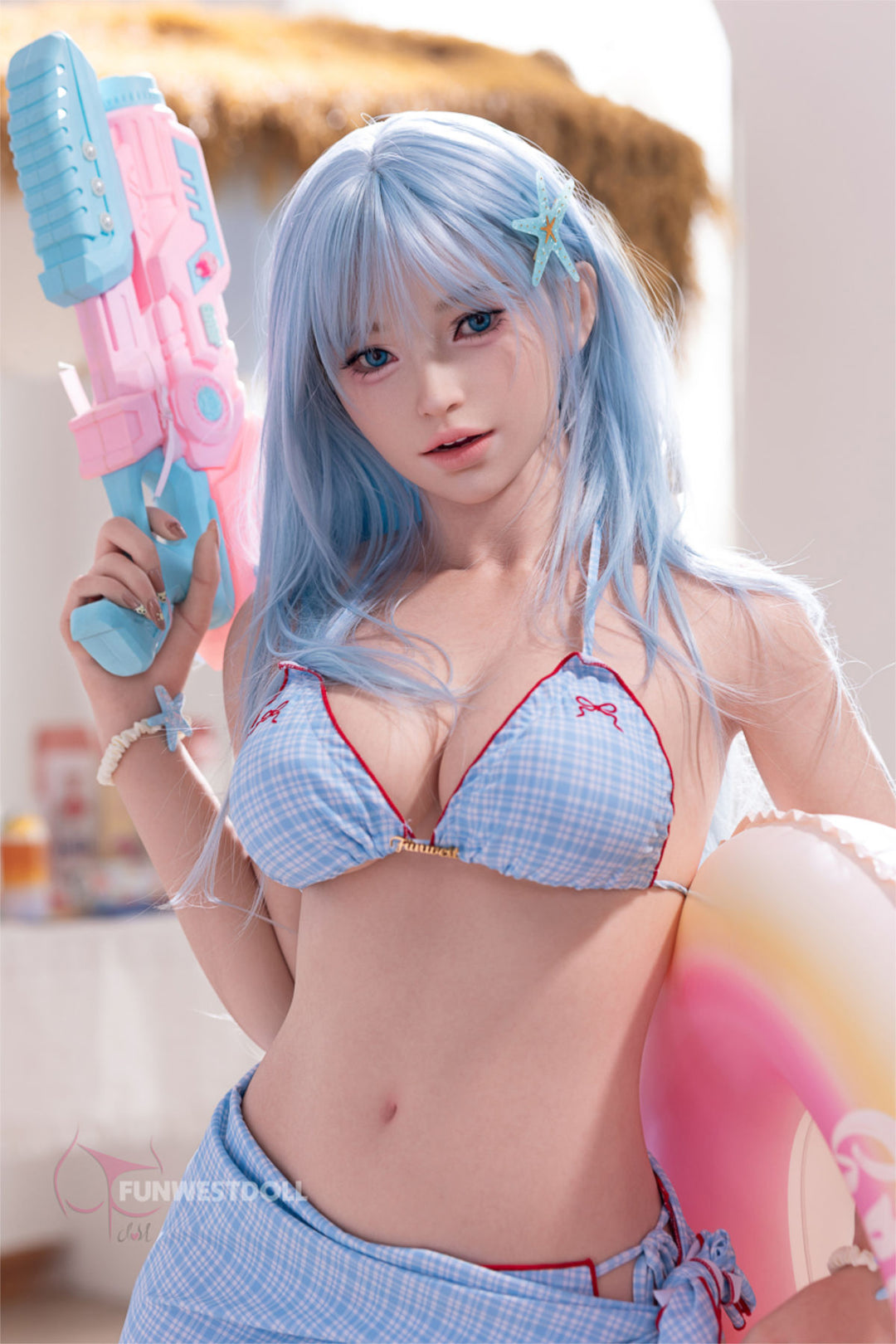 FunWest Doll 159 cm F Silicone - Alice (Real Skin Texture) close-up torso shot in the light blue checkered bikini, seated pose, pink pool floatie visible in the background