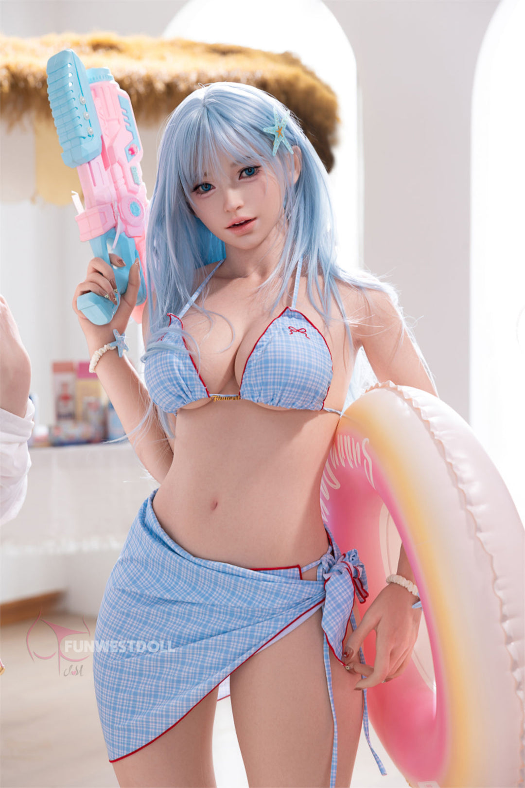 FunWest Doll 159 cm F Silicone - Alice (Real Skin Texture) close-up torso shot in the light blue bikini at a different angle, wavy blue hair falling over one shoulder