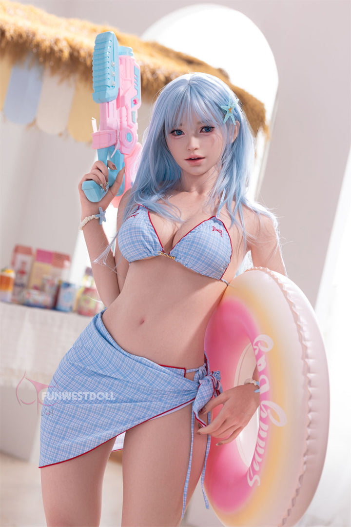 FunWest Doll 159 cm F Silicone - Alice (Real Skin Texture) close-up with the rainbow swirl lollipop, sarong wrap skirt, playful expression