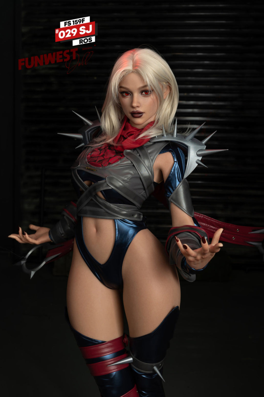 FunWest Doll 159 cm F Silicone - Sophiemina (Real Skin Texture) full body standing pose in black and red spider-themed costume with armor accessories, short blonde hair, dark action background