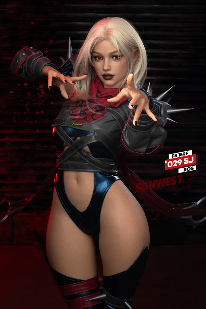 FunWest Doll 159 cm F Silicone - Sophiemina (Real Skin Texture) three-quarter view in black and red spider-themed costume, short blonde hair, dark action background