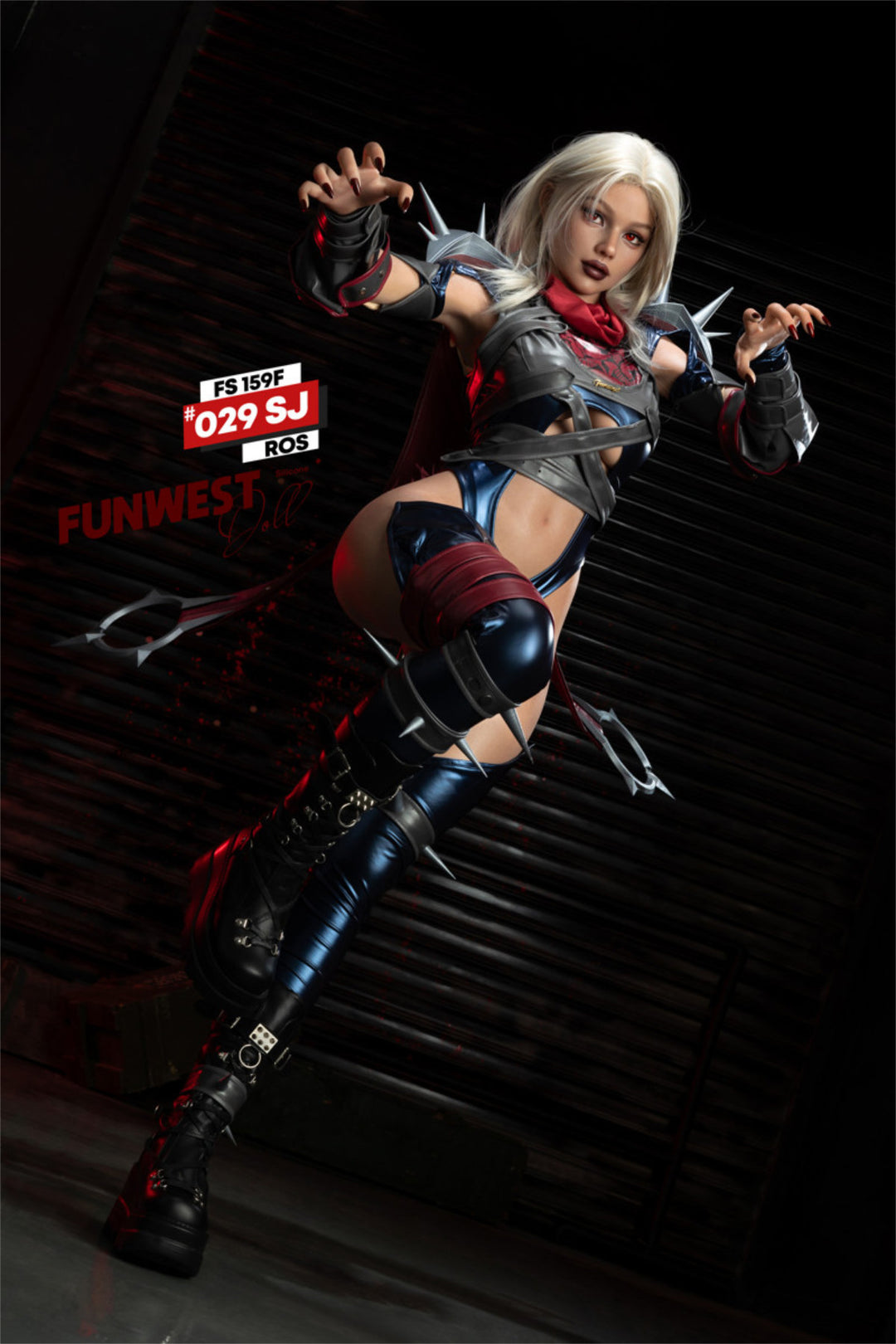 FunWest Doll 159 cm F Silicone - Sophiemina (Real Skin Texture) rear view in black spider-themed thong costume, short blonde hair, dark action background