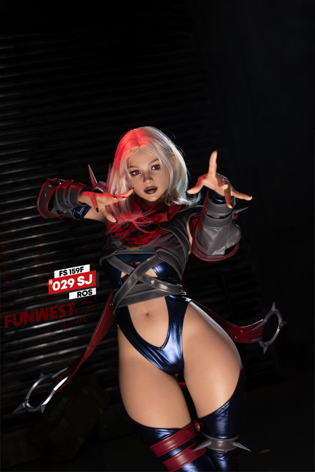 FunWest Doll 159 cm F Silicone - Sophiemina (Real Skin Texture) full body standing pose in black and red spider-themed costume, short blonde hair, dark action background