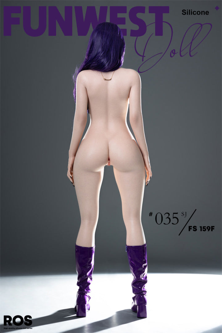 FunWest Doll 159 cm F Silicone - White Chloe full body standing nude front view, long dark hair, dark action background