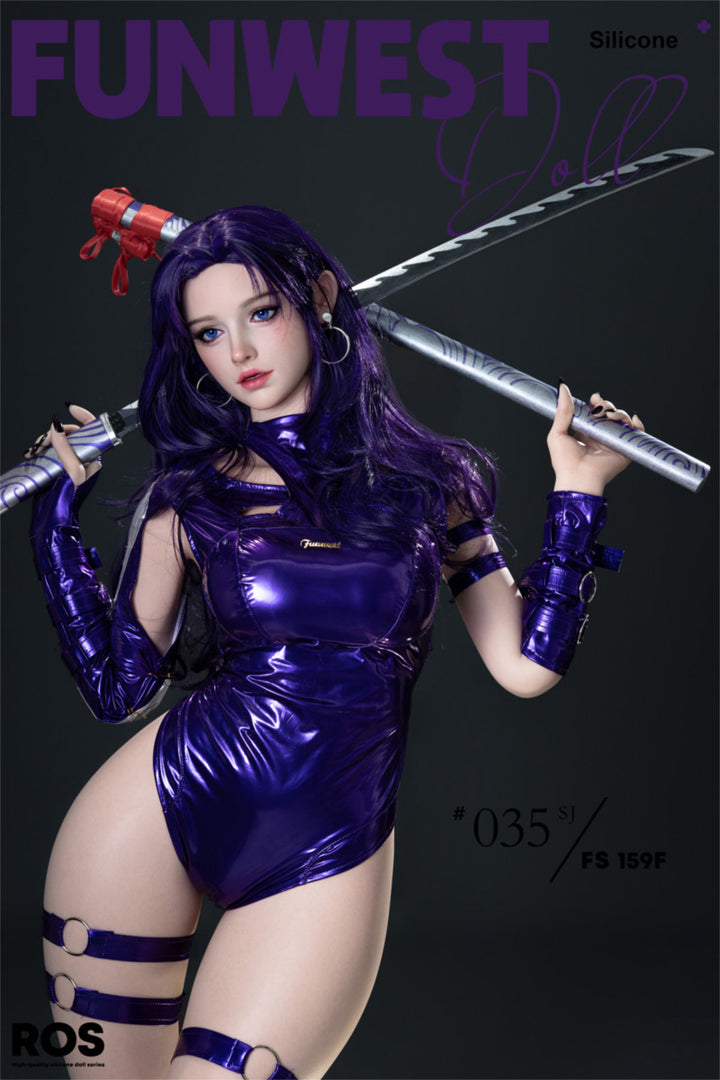 FunWest Doll 159 cm F Silicone - White Chloe full body standing pose in purple latex bodysuit with red sash and weapon prop, long dark hair, dark action background