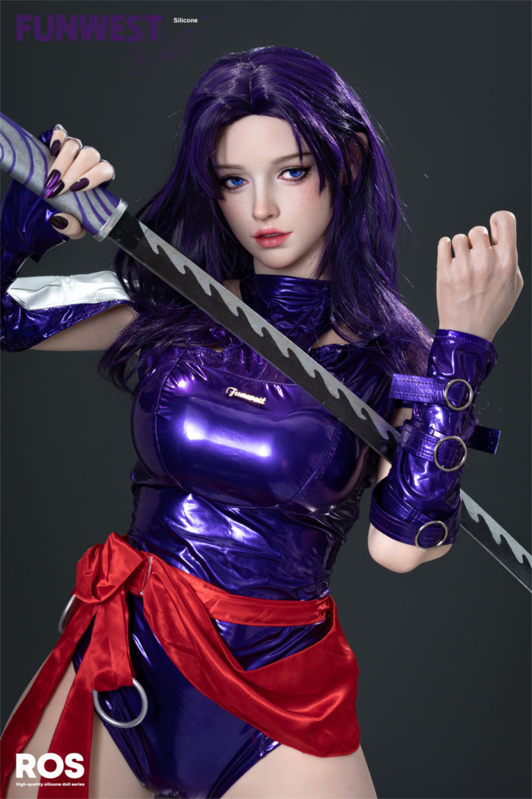 FunWest Doll 159 cm F Silicone - White Chloe full body side view in purple latex bodysuit with red sash, long dark hair, dark action background