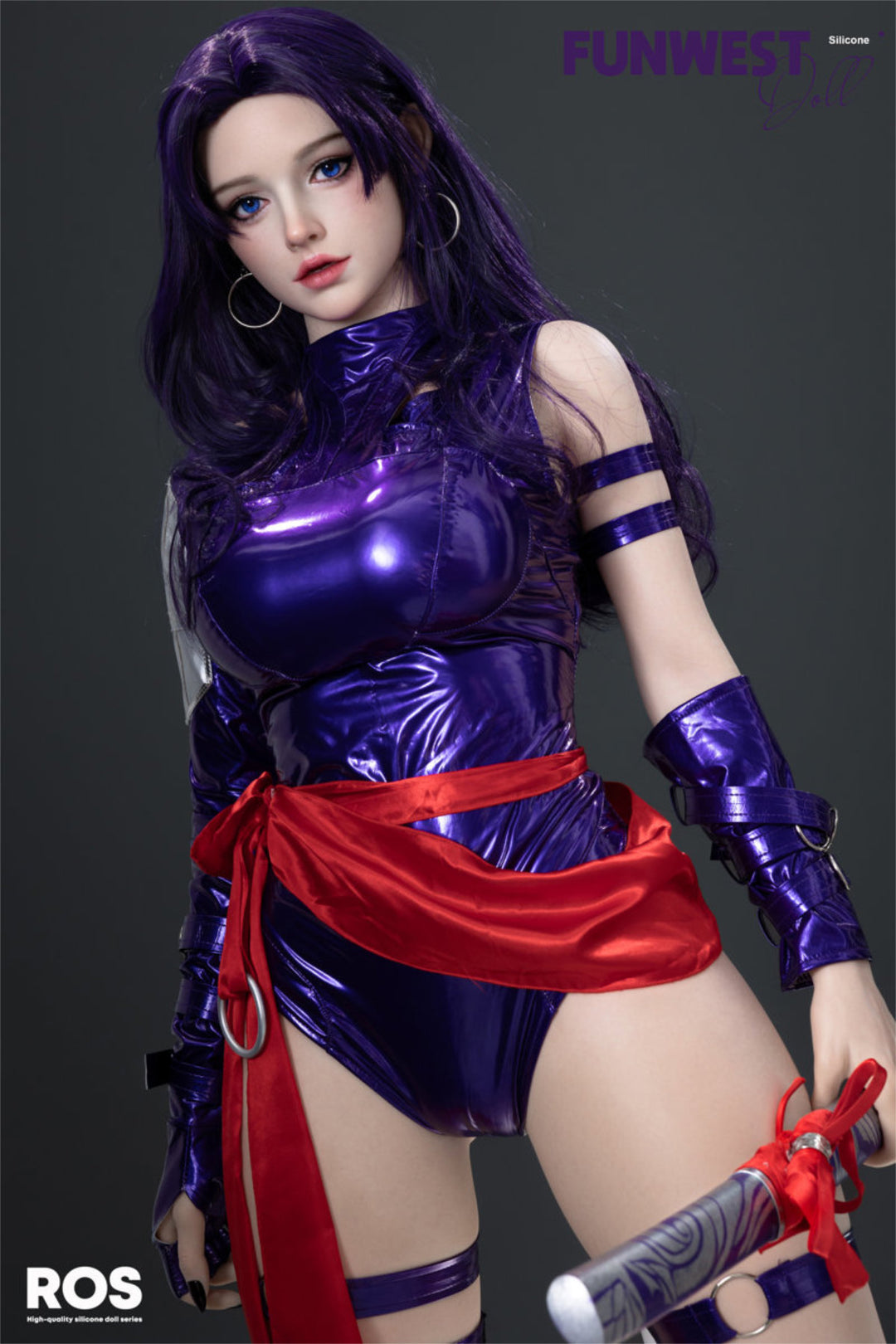 FunWest Doll 159 cm F Silicone - White Chloe rear view in purple latex bodysuit with red sash, long dark hair, dark action background