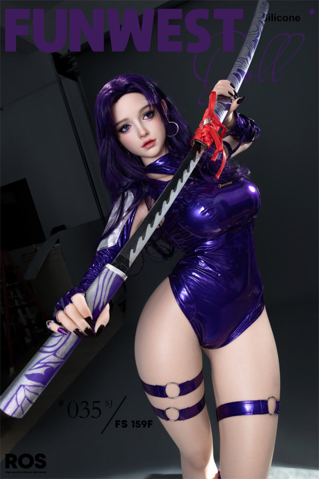 FunWest Doll 159 cm F Silicone - White Chloe full body standing pose in purple latex bodysuit with staff weapon prop, long dark hair, dark action background