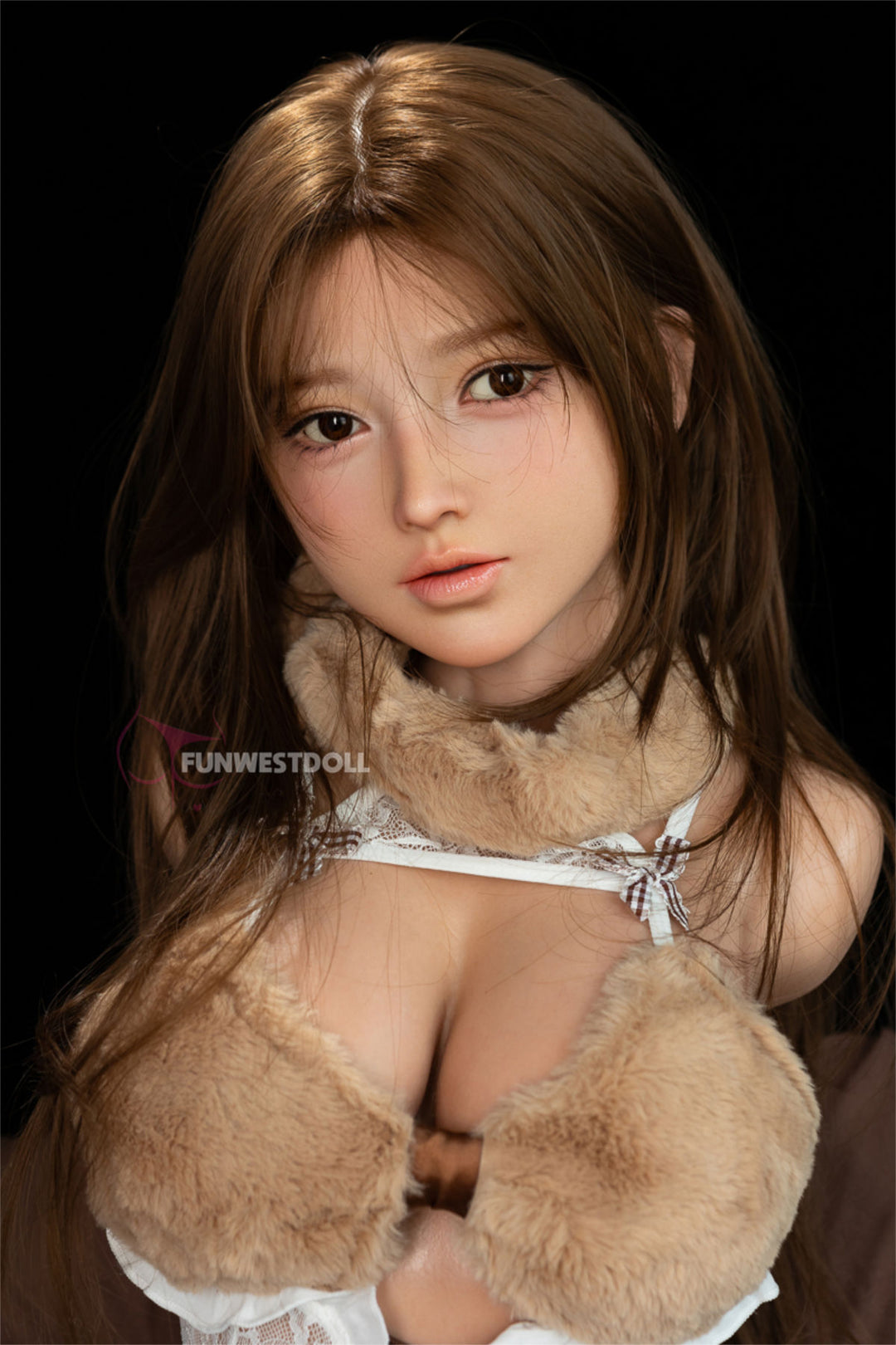 Close-up shot of FunWest Doll 95 cm D FWT Series Silicone Torso - Amy wearing a white lace garment with fur-like design.