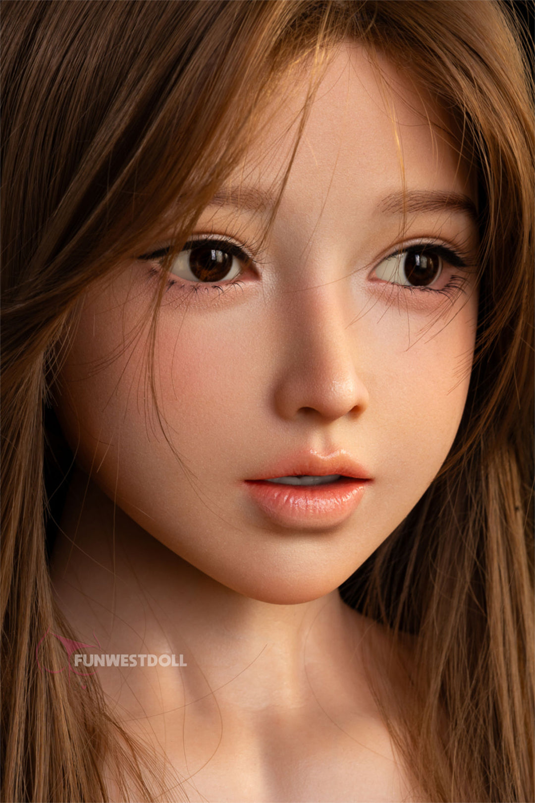 Close-up of FunWest Doll 95 cm D FWT Series Silicone Torso - Amy with long brown hair and detailed makeup.
