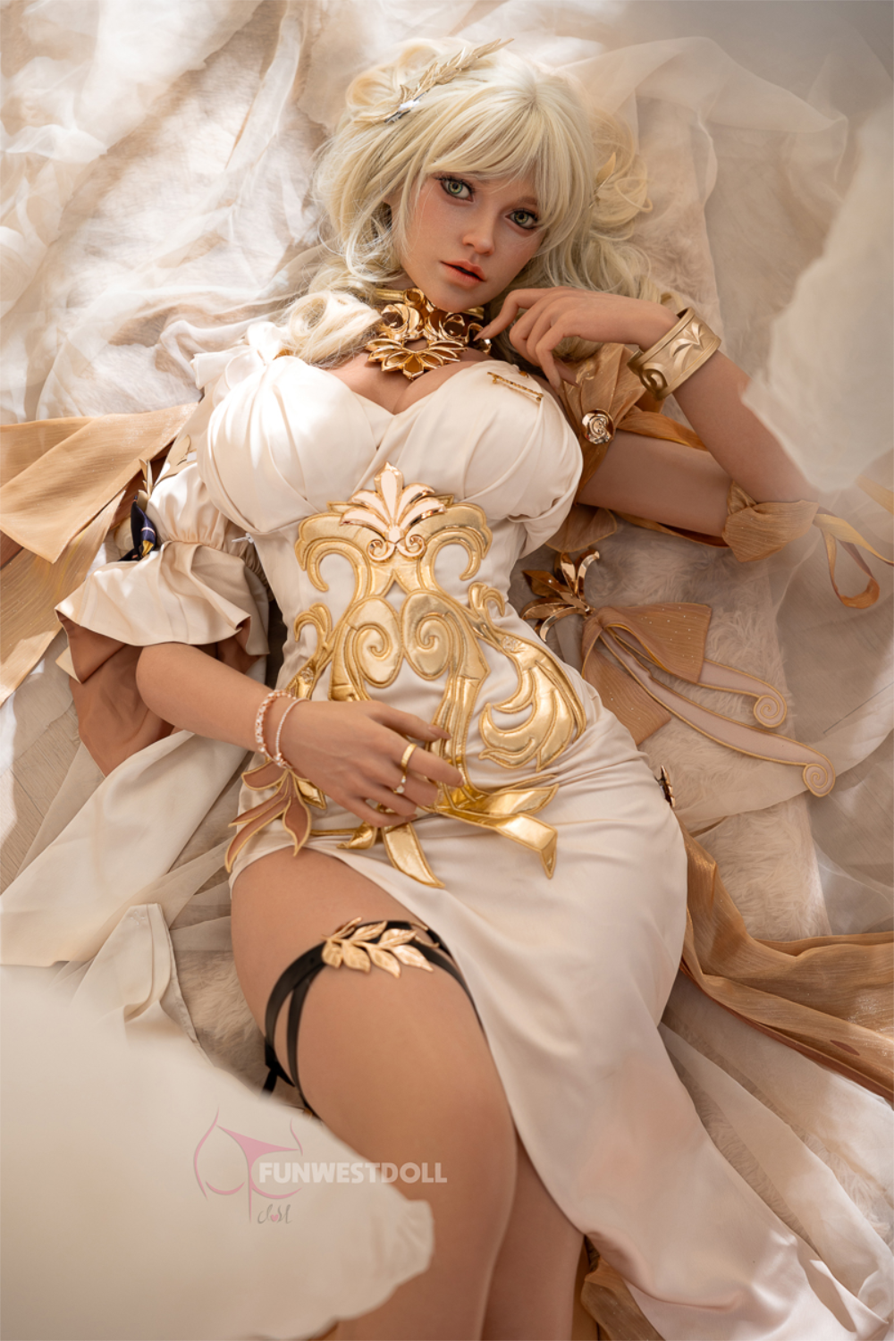 FunWest Doll 157 cm G Silicone - Bella (Real Skin Texture) in elaborate white and gold costume with decorative elements