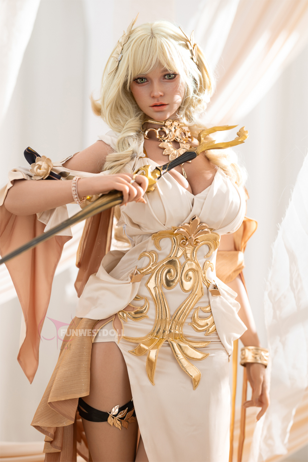 FunWest Doll 157 cm G Silicone - Bella (Real Skin Texture) in elaborate costume with gold accents and a sword, standing against a white curtain.