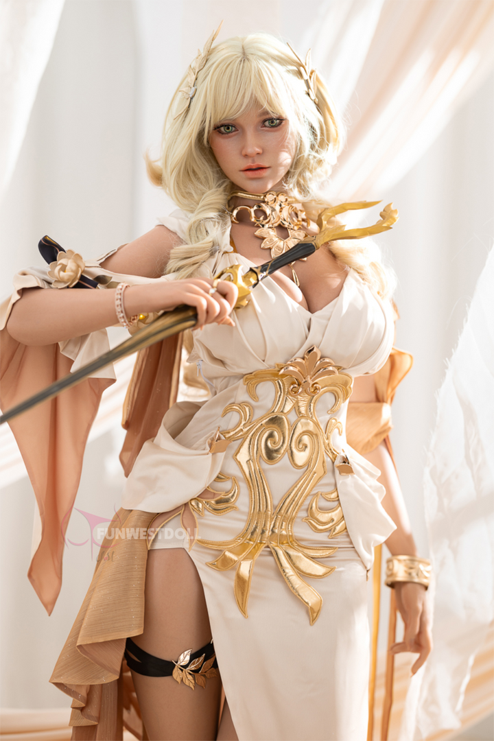 FunWest Doll 157 cm G Silicone - Bella (Real Skin Texture) in elaborate costume with gold accents and a sword, standing against a white curtain.