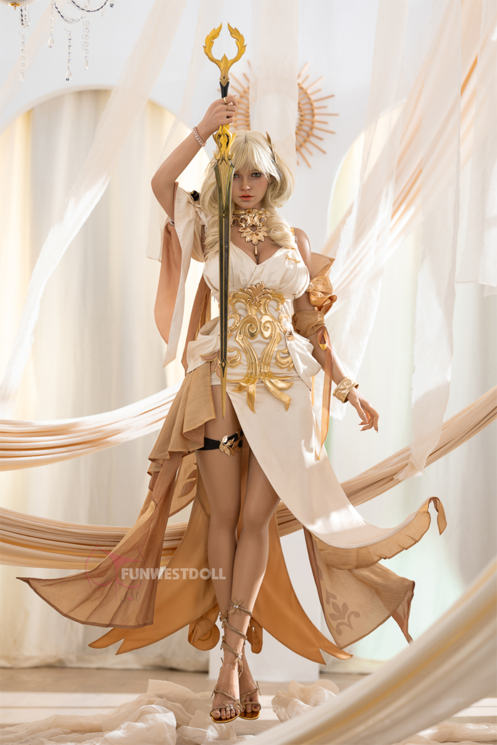 FunWest Doll 157 cm G Silicone - Bella (Real Skin Texture) in elaborate costume with a staff, standing against a soft, light background
