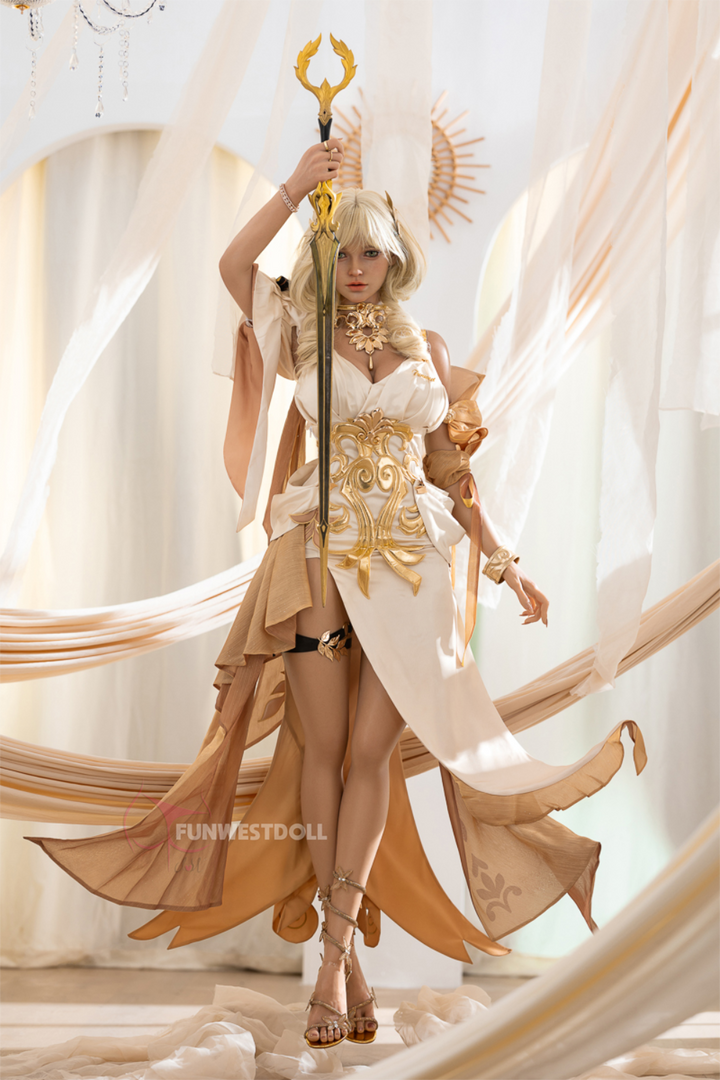 FunWest Doll 157 cm G Silicone - Bella (Real Skin Texture) in elaborate costume with a staff, standing against a soft, light background