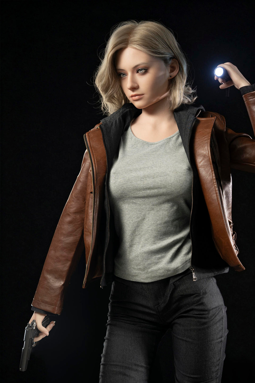 Game Lady 166 cm E Silicone - Grace – three-quarter view in a brown leather jacket, showing her E-cup curves under a fitted tee