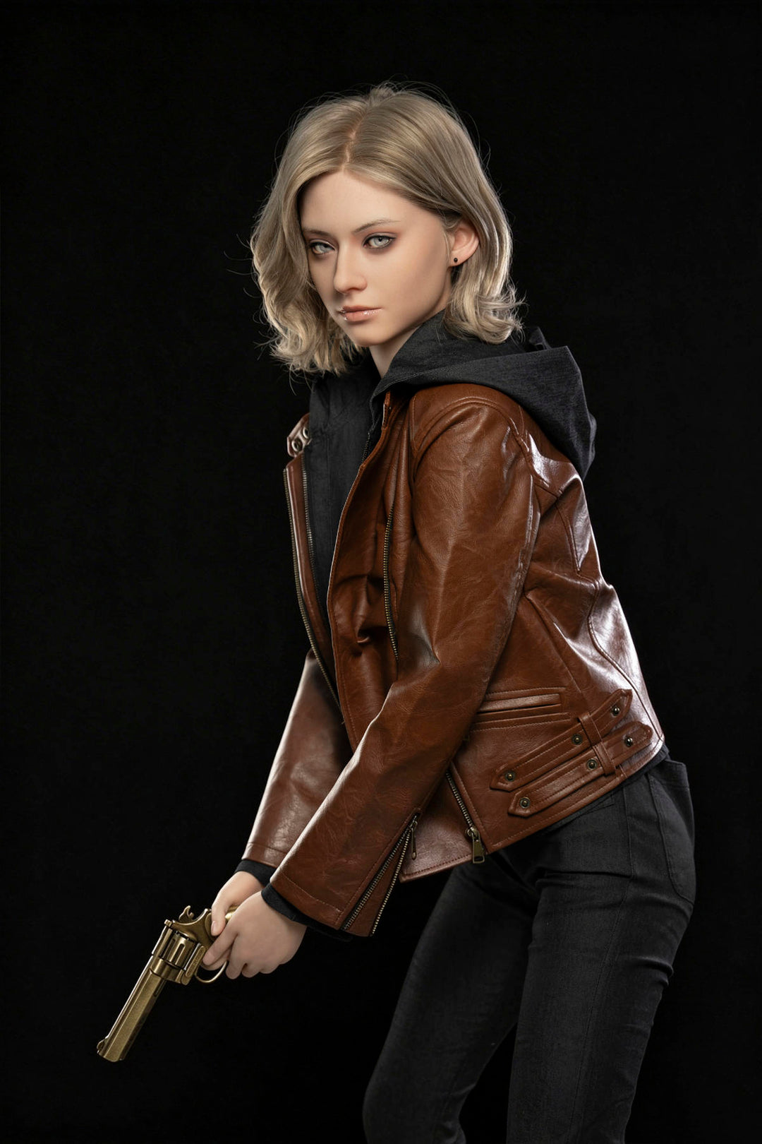 Game Lady 166 cm E Silicone - Grace – action-style pose in a leather jacket and black jeans