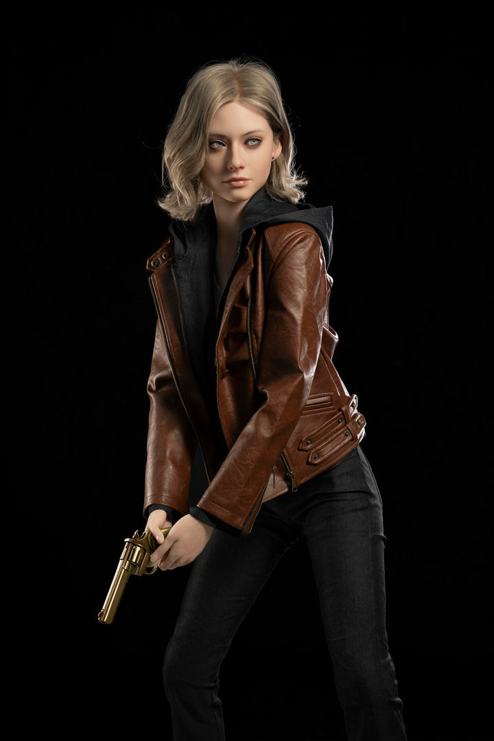 Game Lady 166 cm E Silicone - Grace – full-length pose in a leather jacket and dark jeans, dramatic low lighting
