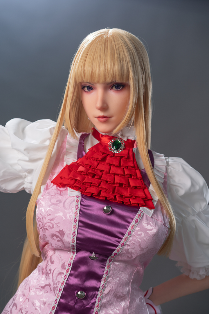 Game Lady 171 cm G Silicone - Lili wearing a vintage-style outfit with a red ruffled top and purple dress.