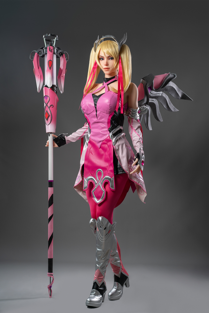 Game Lady 171 cm G Silicone - Mercy in a pink and black outfit with a staff while standing.