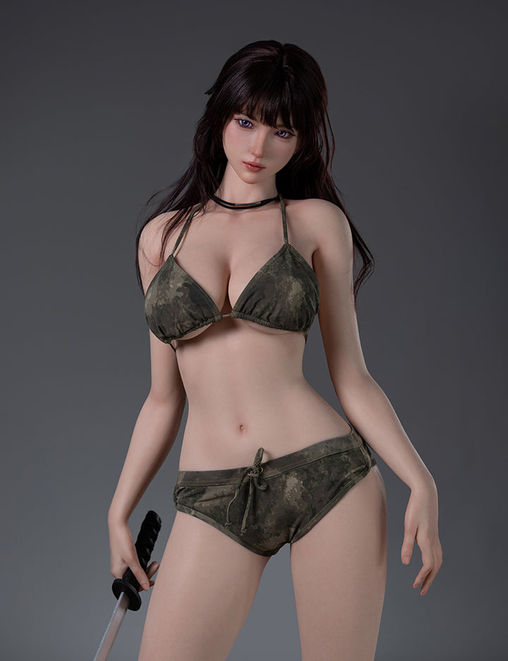TOP-CYDOLL 168cm F-Cup Iris Realistic Sex Doll standing in a camouflage bikini, holding the hilt of a katana against a neutral grey background.
