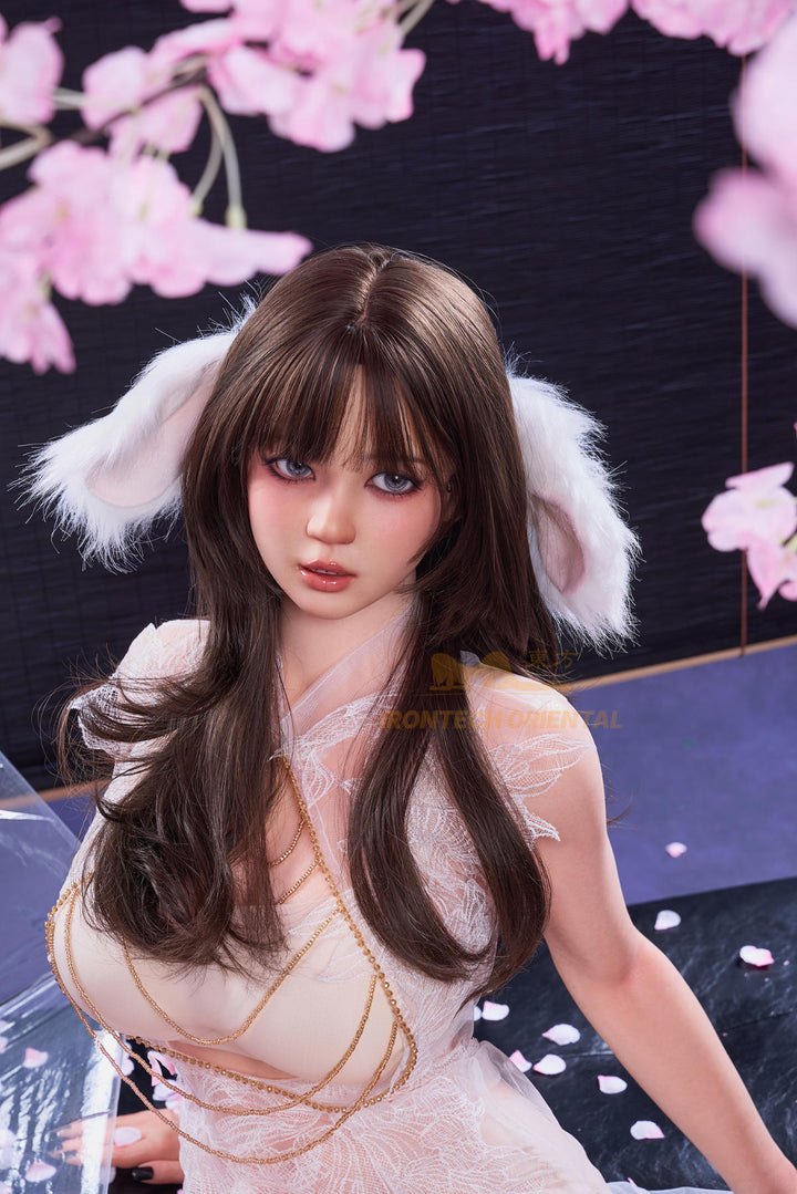 Irontech Doll 161 CM F Oriental Series Silicone - Nia V2 full body front view wearing sheer white fairy outfit with wolf ear accessories against cherry blossom backdrop