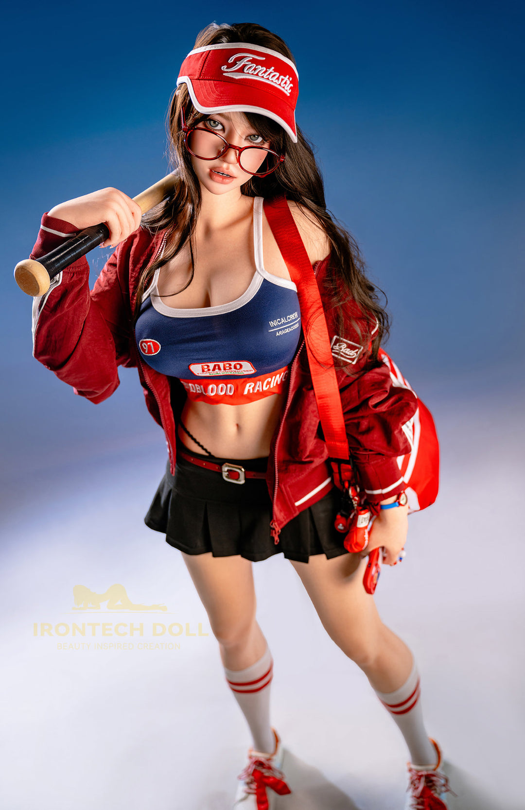 Irontech Doll 161 CM F Silicone - Evie full body front view in red cap and blue racing top with knee-high socks, highlighting realistic 161cm figure detail against blue background
