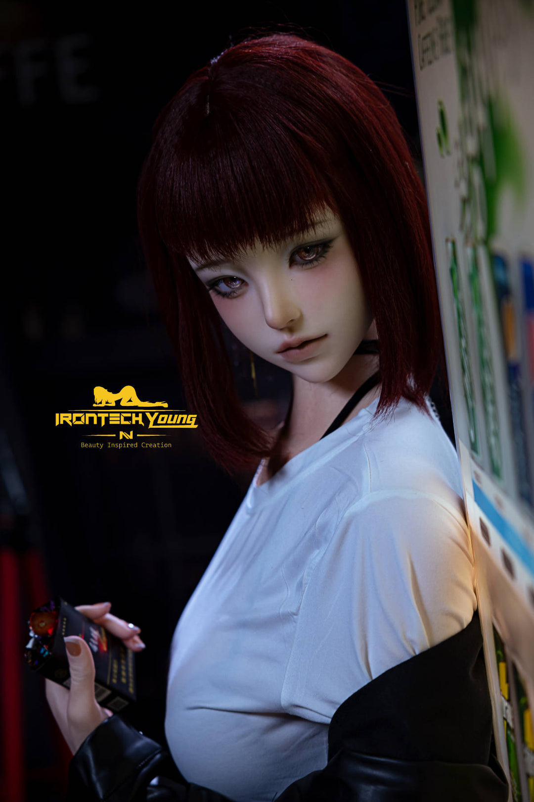 Irontech Doll 171 cm D Young Series Silicone - Ria – close-up in a white tee and leather jacket under moody city lights