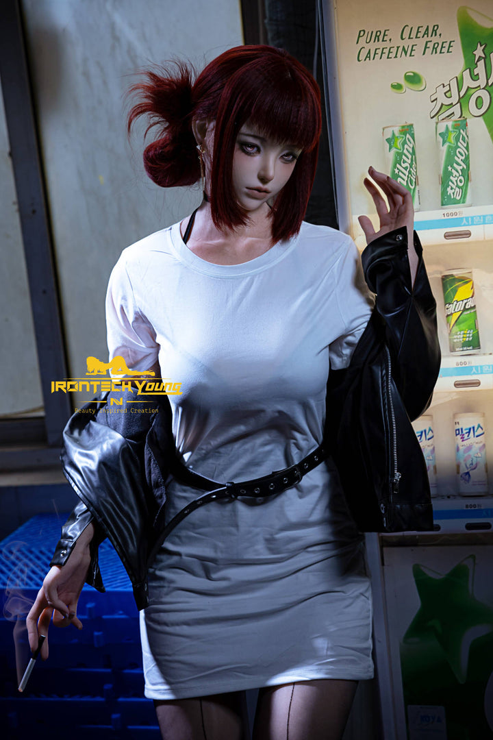 Irontech Doll 171 cm D Young Series Silicone - Ria – standing by a vending machine in a white tee and grey mini skirt