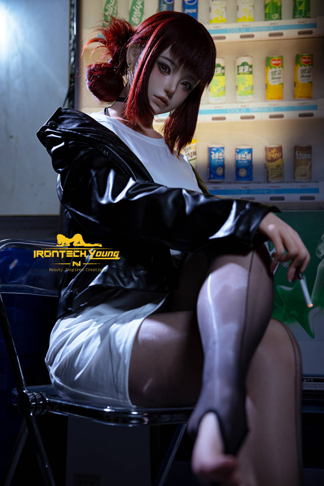Irontech Doll 171 cm D Young Series Silicone - Ria – relaxed seated pose in a jacket, white tee and mini skirt