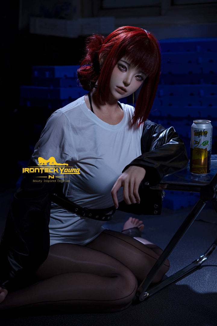 Irontech Doll 171 cm D Young Series Silicone - Ria – seated on the ground in a white tee, burgundy hair framing her face