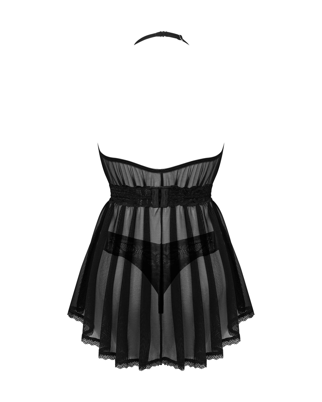 Babydoll - 3 Pcs Black Mesh Semi-Transparent Sleepwear with Belt and G-String