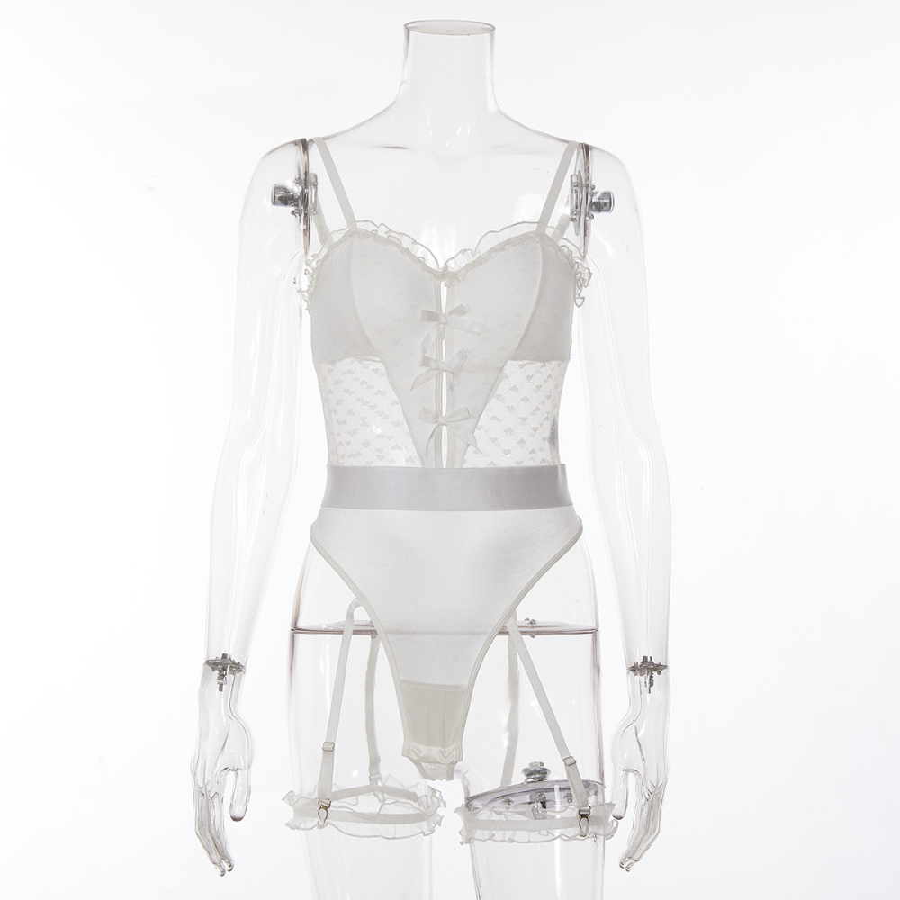 Teddy - 1 Pc White Lace Sexy Female Lingerie with Ruffled Straps and Leg Garter